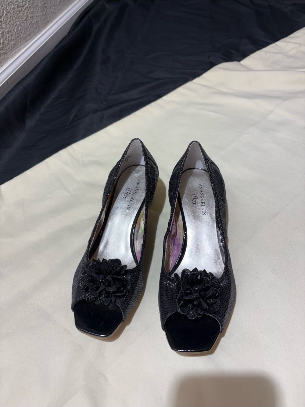 Anne Klein Black Open-Toe Pumps with Floral Rosette